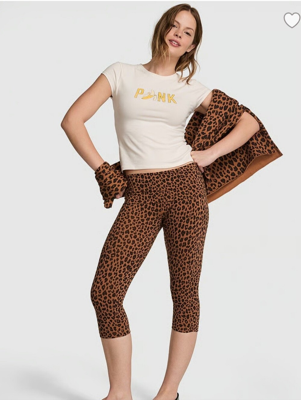 VS PINK All Day Cotton Foldover Capris & Campus Tee in Leopard Size Med /  Large
